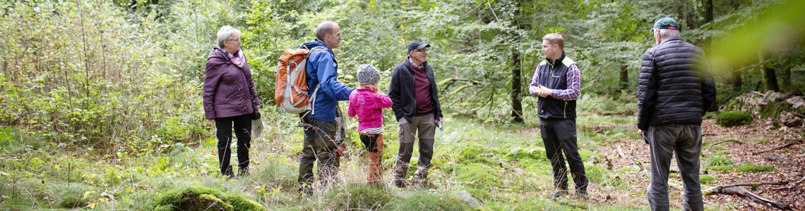 En skogskonsulent berättar om området för en grupp människor under en ädellövsskogsdag.